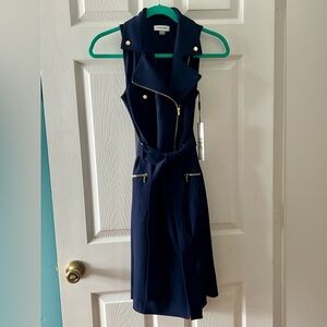 NWT Calvin Klein Women's Indigo Sheath Moto Dress Full Zip w/Belt Size 4